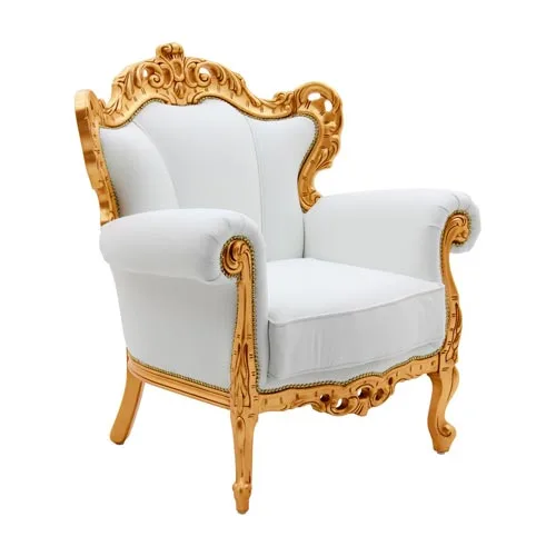 Baroque armchair upholstered in white Italian leather with gold leaf carved frame