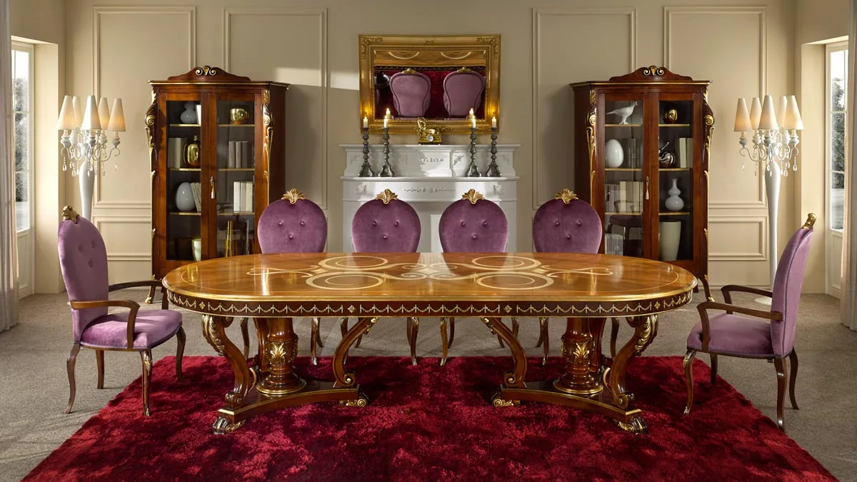 Baroque table with inlays and baroque-style chairss