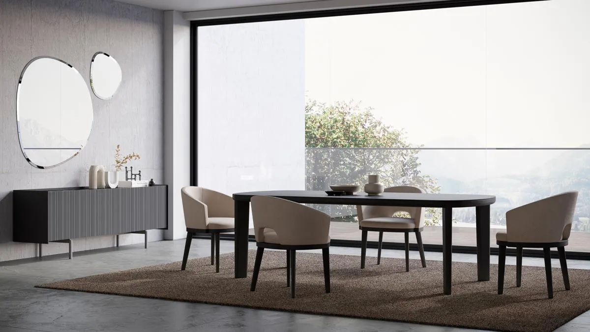 A contemporary-style dining room consisting of a table, chairs and sideboard created by designer Paolo Cappello